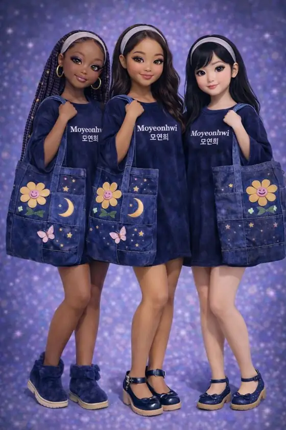 Three smiling Moyeonhwi girls in navy tees and starry denim tote bags